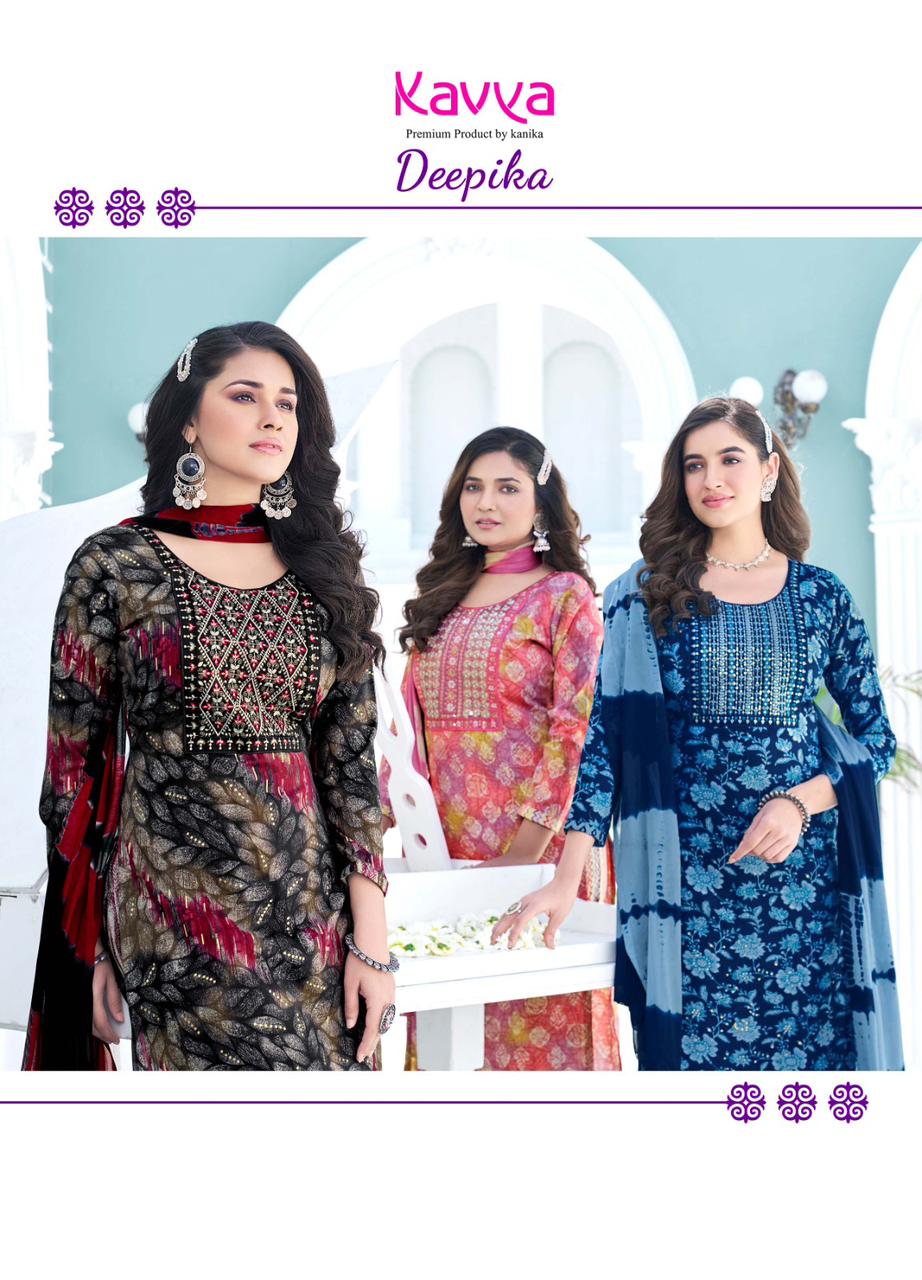 Deepika Vol 12 By Kavya Straight Cut Embroidery Kurti With Bottom Dupatta Wholesale Market
